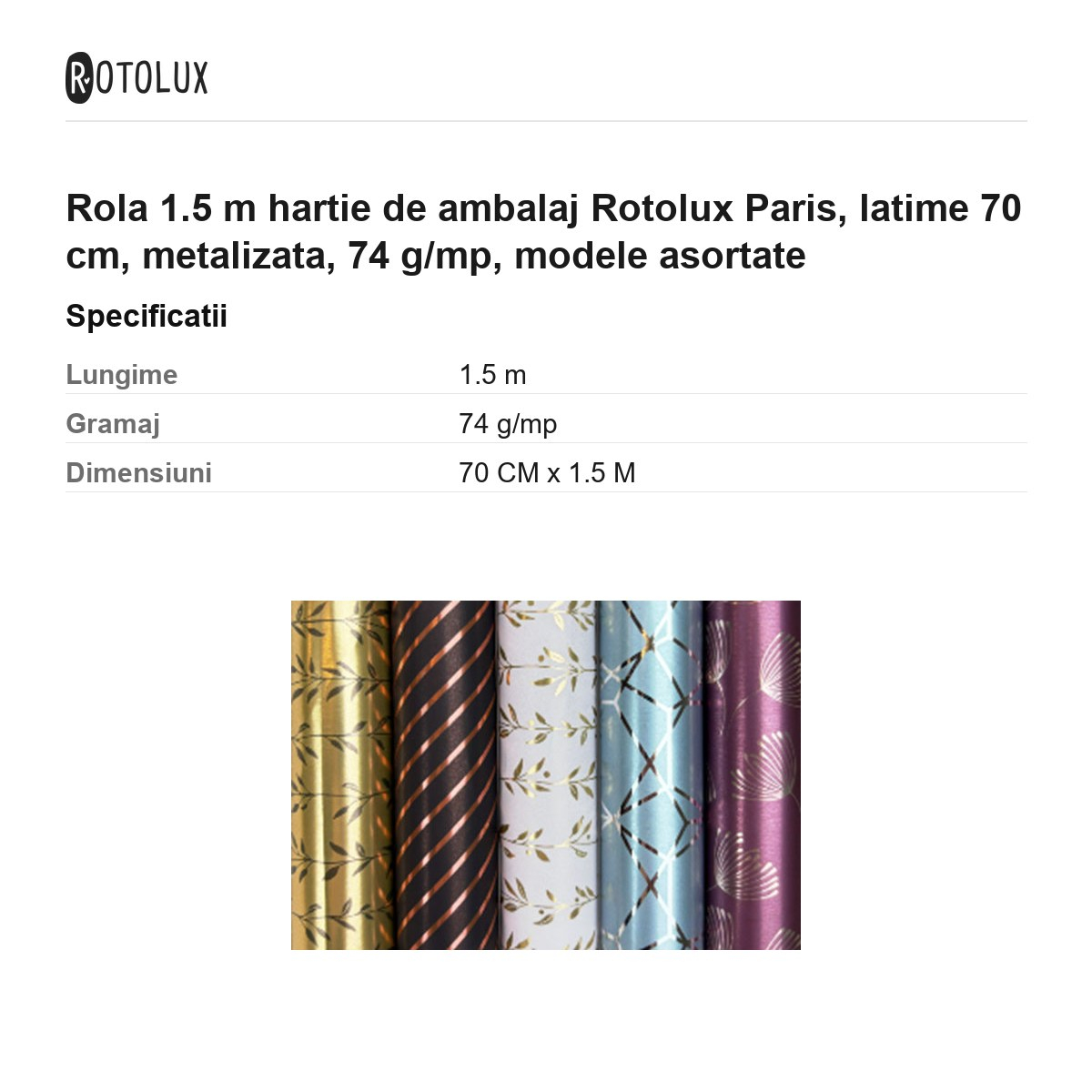 Rola 1.5 m hartie de ambalaj Rotolux Paris, latime 70 cm, metalizata, 74 g/mp, modele asortate [3]
