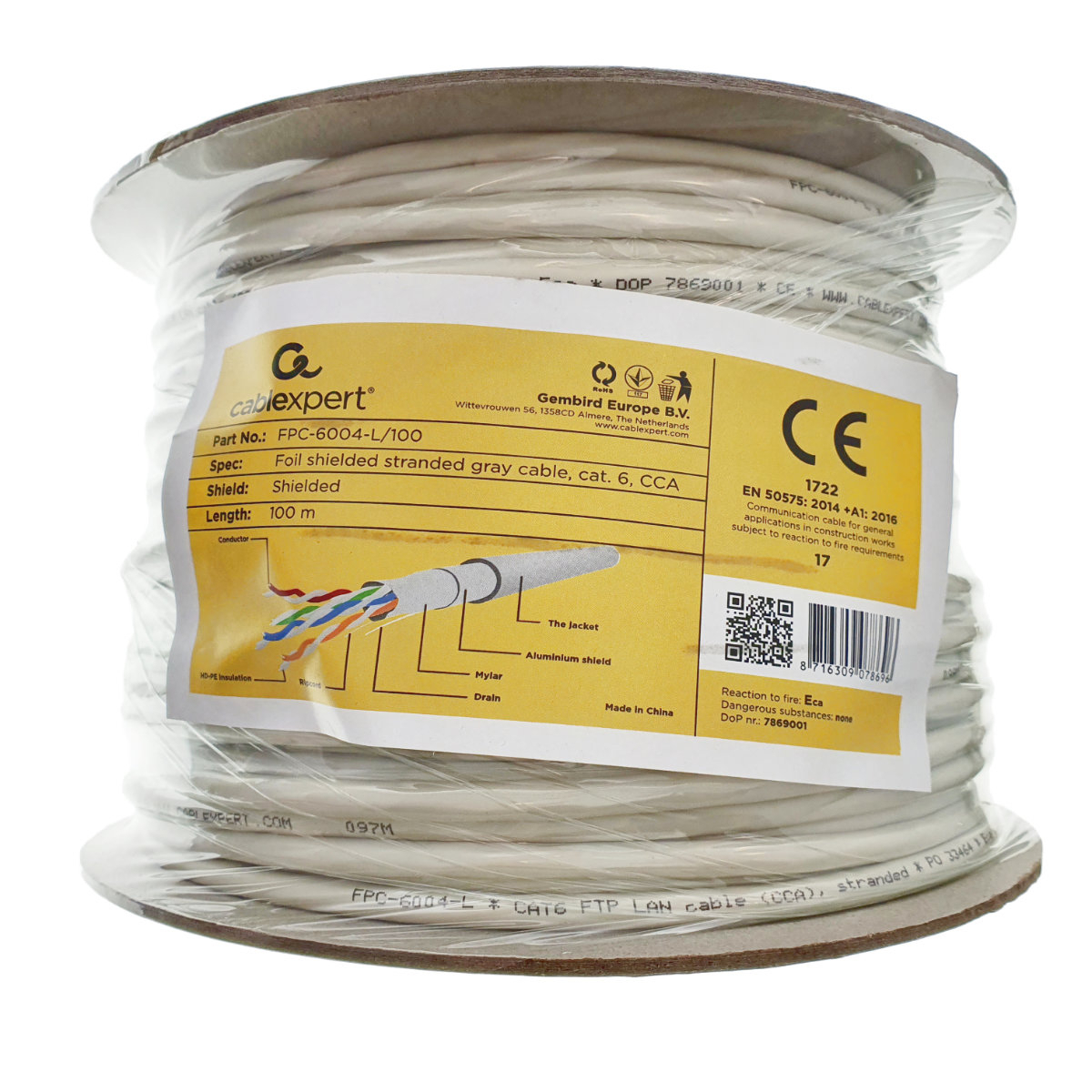 Rola 100m cablu LAN cat 6 FTP (CCA), Cablexpert 07869, cu perechi torsadate ecranate cu folie, gri [3]