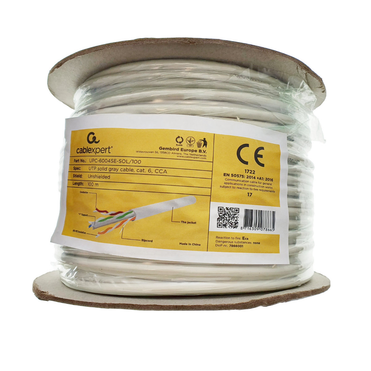 Rola 100m cablu LAN cat 6 UTP (premium CCA), solid, Cablexpert 07866, AWG 24, gri [2]