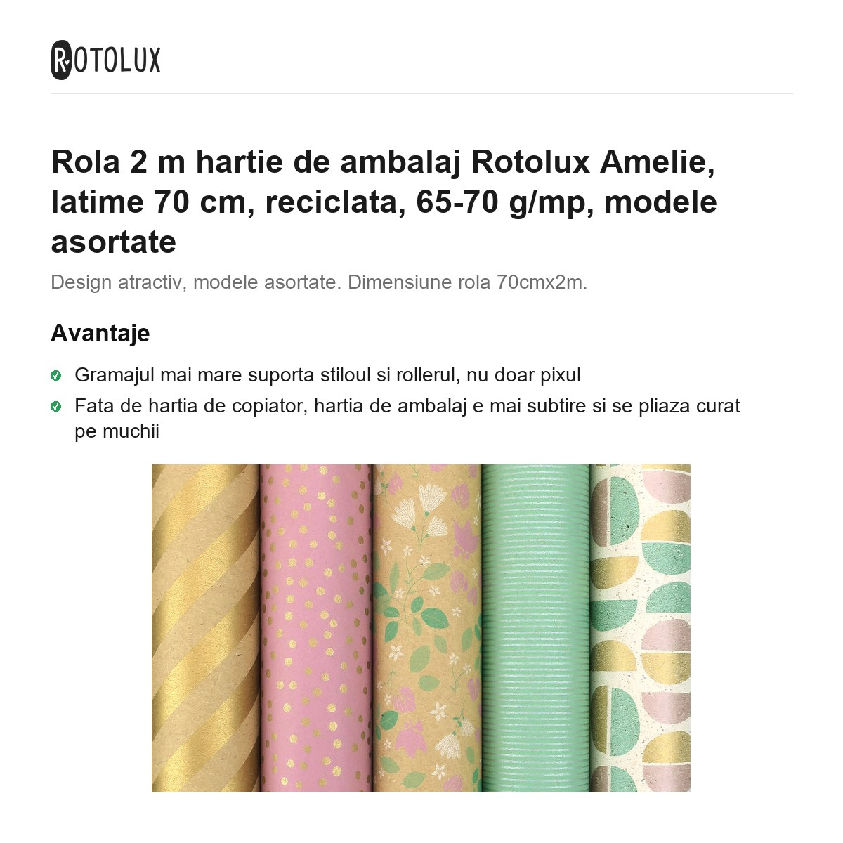 Rola 2 m hartie de ambalaj Rotolux Amelie, latime 70 cm, reciclata, 65-70 g/mp, modele asortate [2]