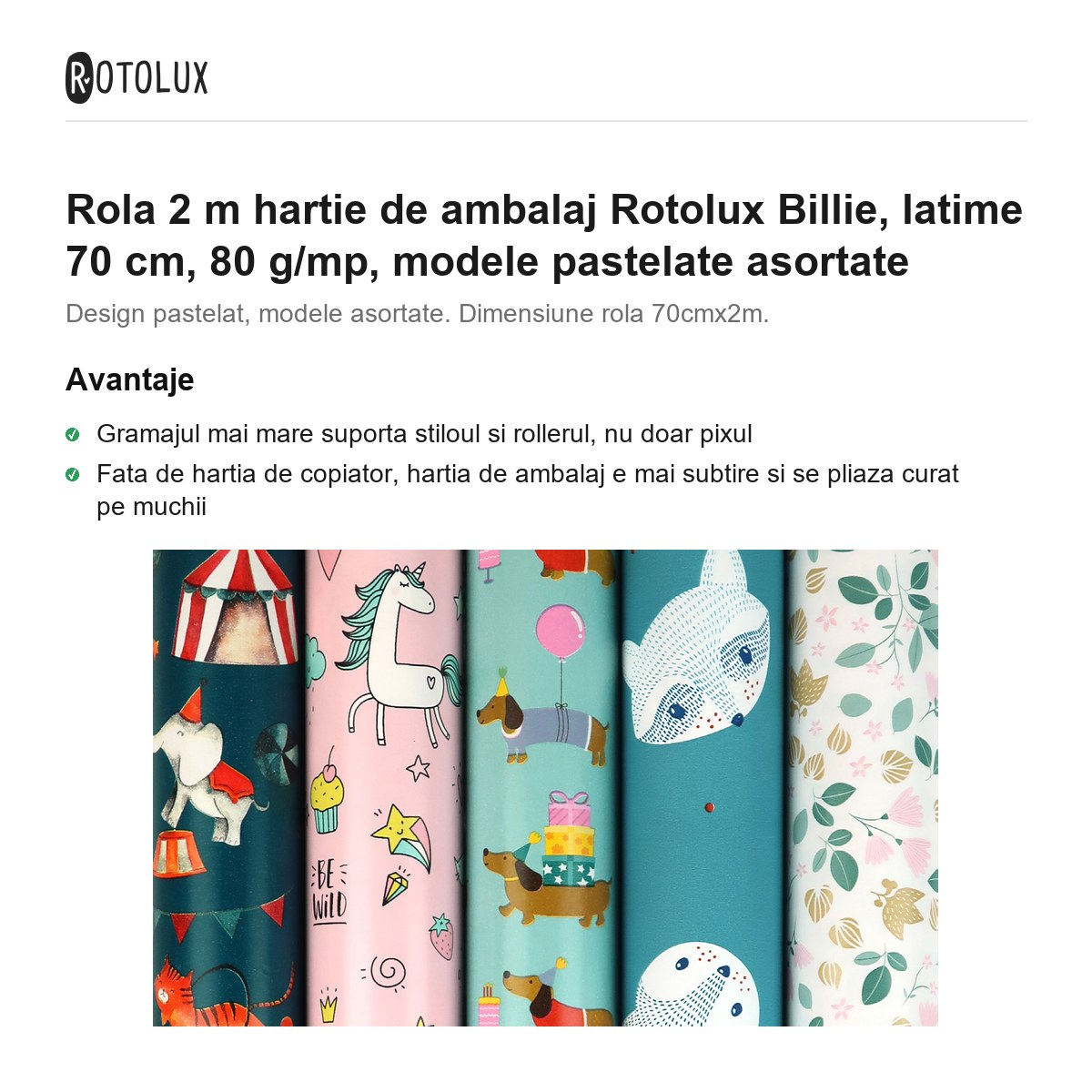 Rola 2 m hartie de ambalaj Rotolux Billie, latime 70 cm, 80 g/mp, modele pastelate asortate [2]