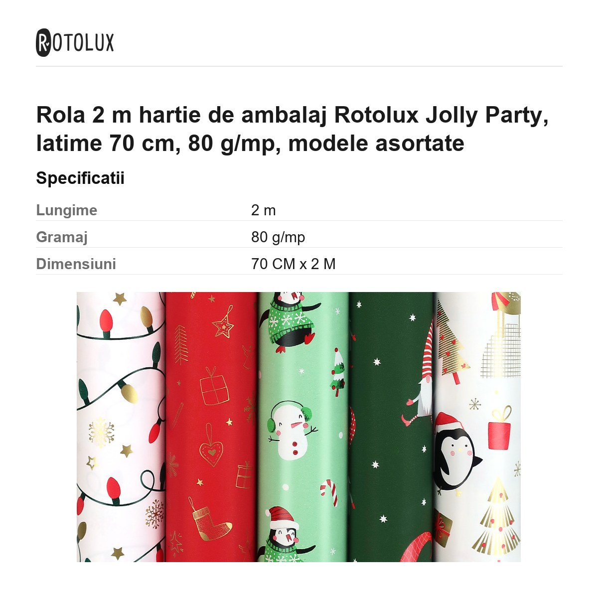 Rola 2 m hartie de ambalaj Rotolux Jolly Party, latime 70 cm, 80 g/mp, modele asortate [3]