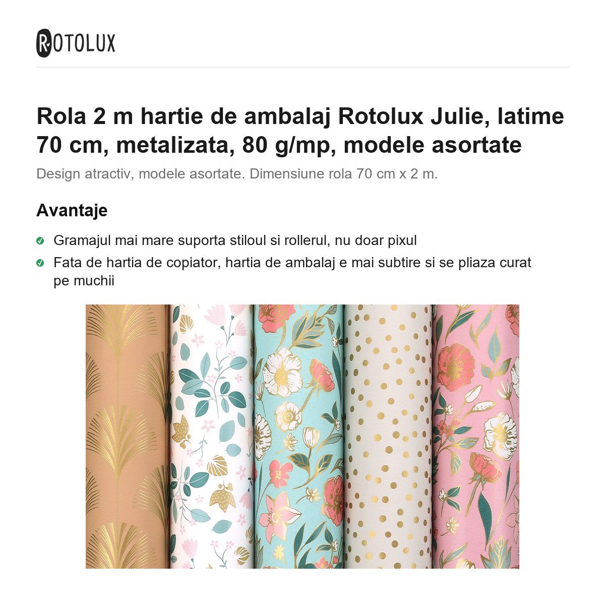 Rola 2 m hartie de ambalaj Rotolux Julie, latime 70 cm, metalizata, 80 g/mp, modele asortate [2]