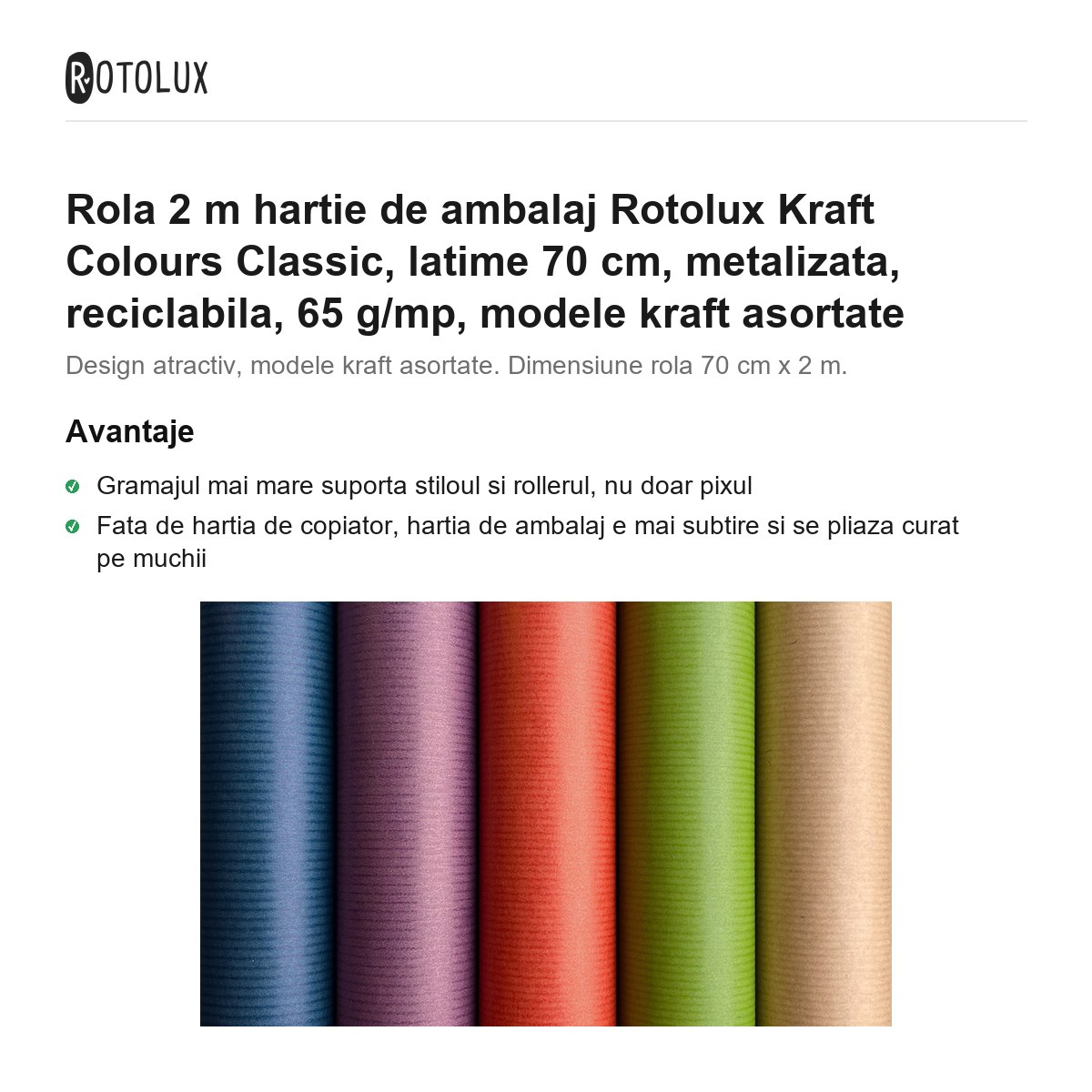 Rola 2 m hartie de ambalaj Rotolux Kraft Colours Classic, latime 70 cm, metalizata, reciclabila, 65 g/mp, modele kraft asortate [2]