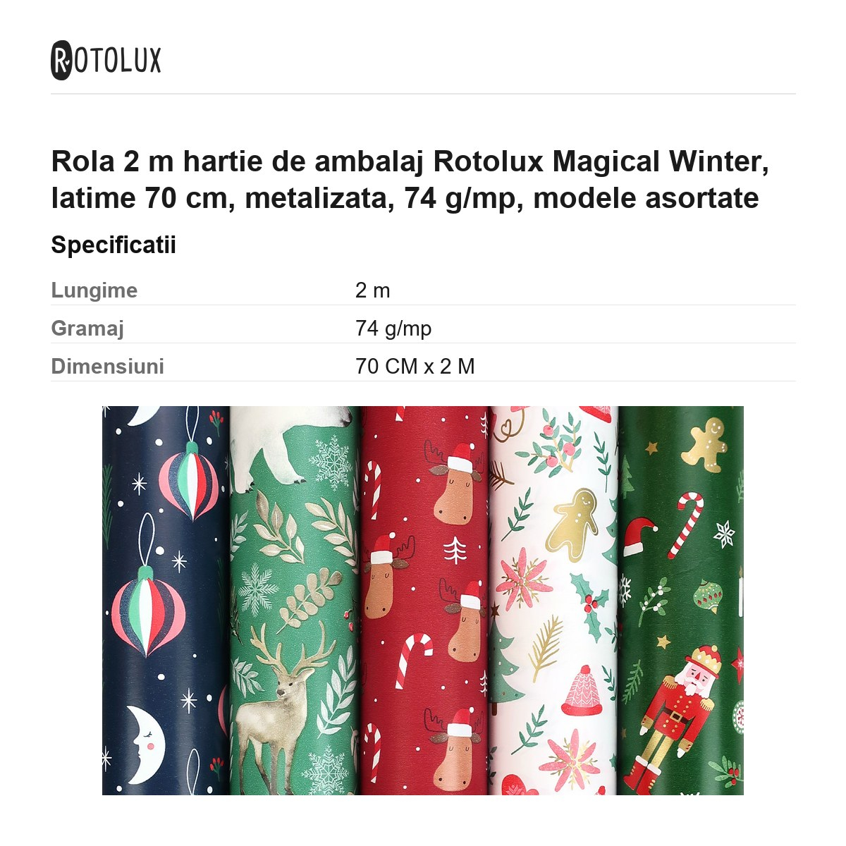 Rola 2 m hartie de ambalaj Rotolux Magical Winter, latime 70 cm, metalizata, 74 g/mp, modele asortate [3]