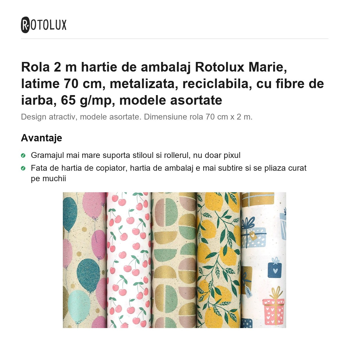 Rola 2 m hartie de ambalaj Rotolux Marie, latime 70 cm, metalizata, reciclabila, cu fibre de iarba, 65 g/mp, modele asortate [2]
