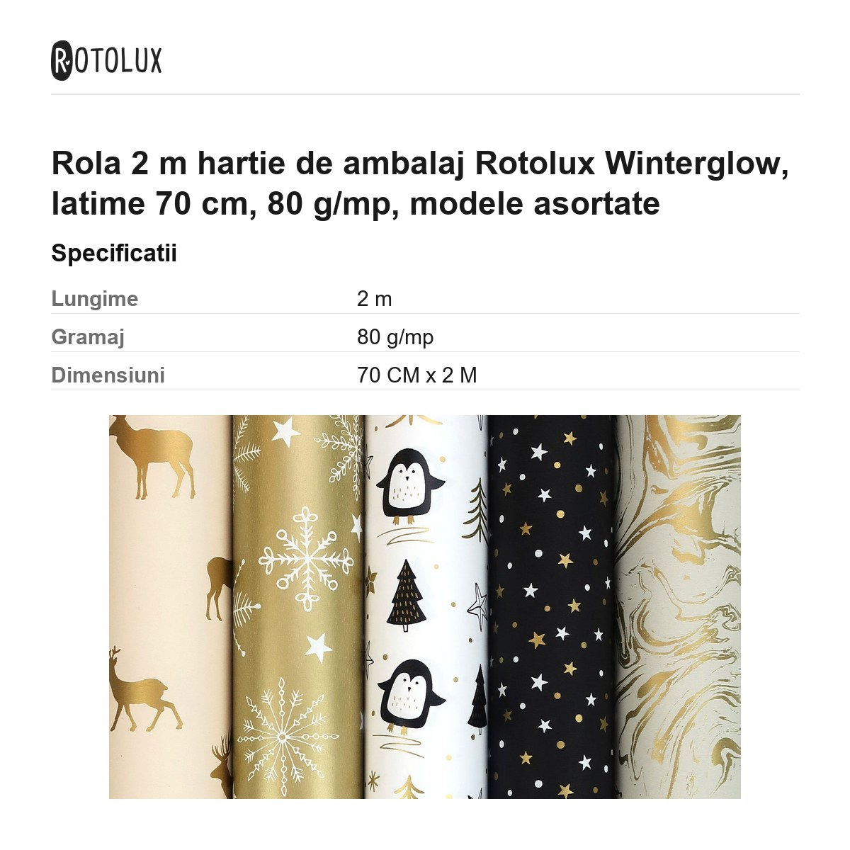 Rola 2 m hartie de ambalaj Rotolux Winterglow, latime 70 cm, 80 g/mp, modele asortate [3]