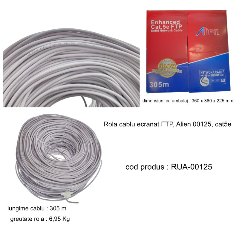 Rola cablu FTP, Alien 00125, cat5e, lungime 305 metri, CCA, AWG 24, de legatura retea, ethernet, gri [11]