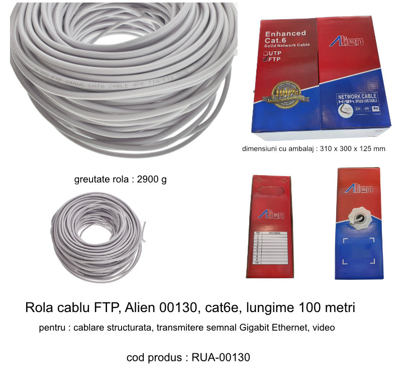 Rola cablu FTP, Alien 00130, cat6e, lungime 100 metri, CCA, AWG 24, de legatura retea, ethernet, gri [4]