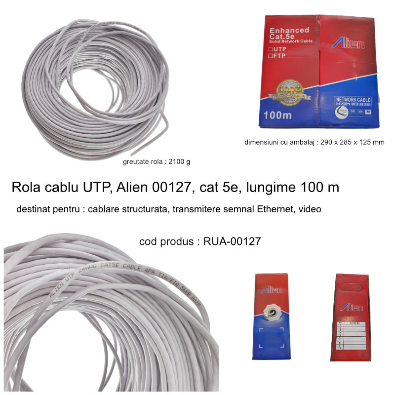 Rola cablu UTP, Alien 00127, cat 5e, lungime 100 m, AWG 24, CCA, de legatura retea, ethernet, gri [4]