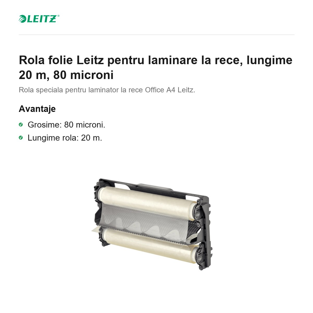 Rola folie Leitz pentru laminare la rece, lungime 20 m, 80 microni [2]