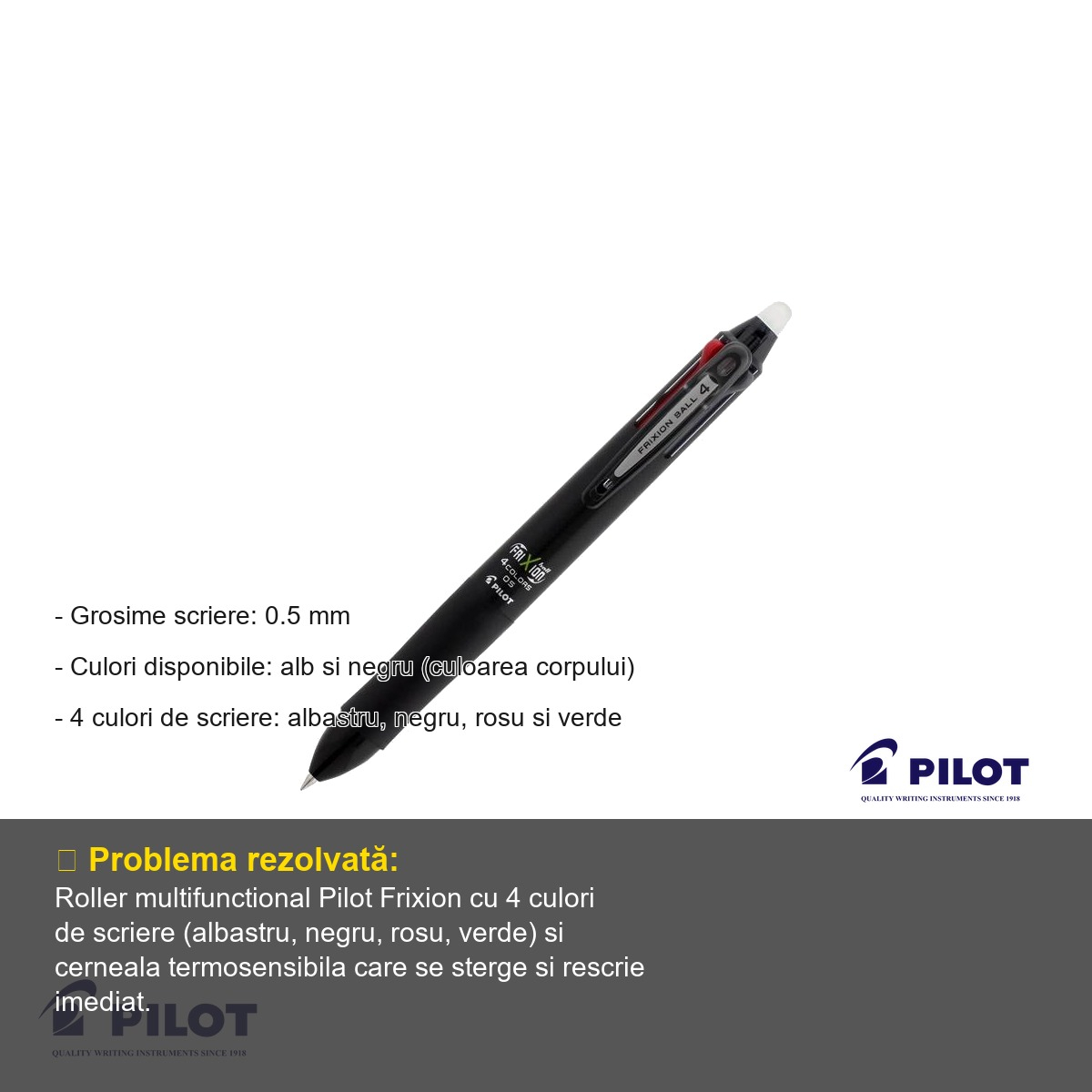 Roller cu mecanism 4 culori Pilot Frixion, cerneala termosensibila cu functie de stergere, 0.5 mm [4]