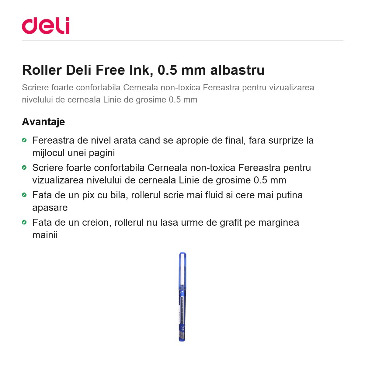Roller Deli Free Ink, 0.5 mm albastru [2]