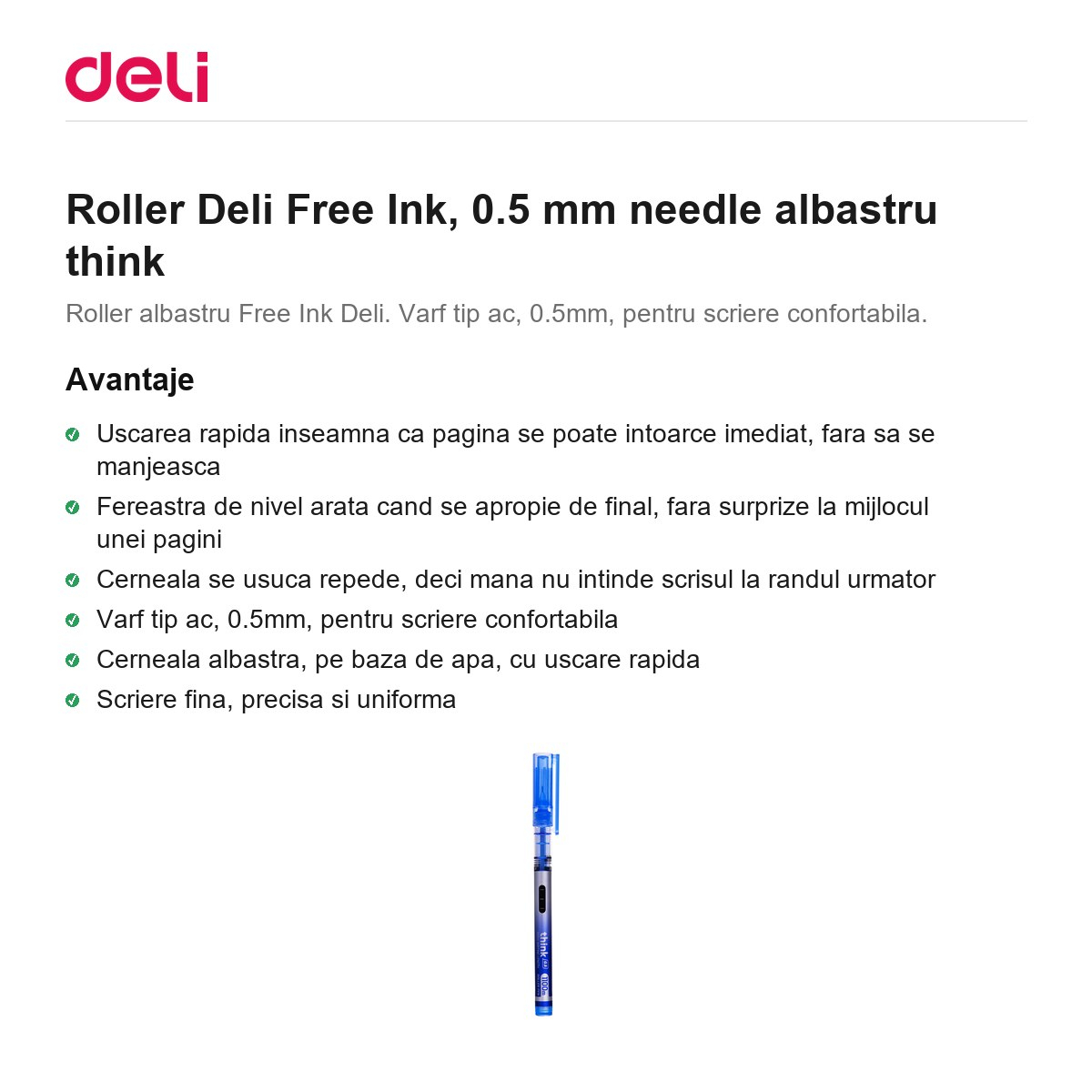 Roller Deli Free Ink, 0.5 mm needle albastru think [2]