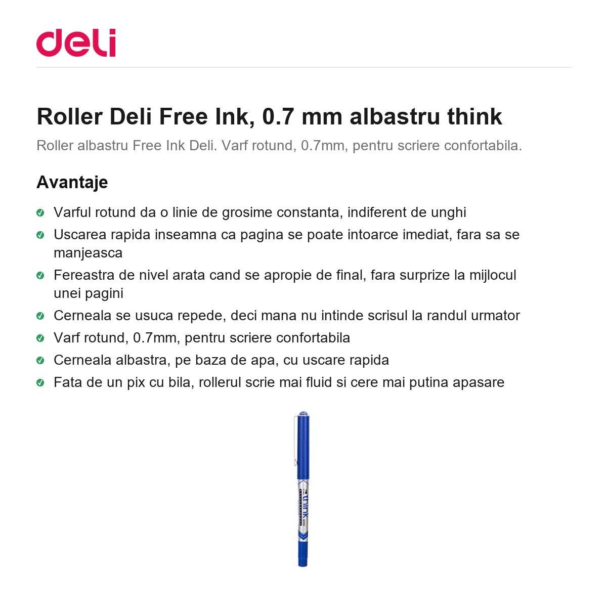 Roller Deli Free Ink, 0.7 mm albastru think [2]