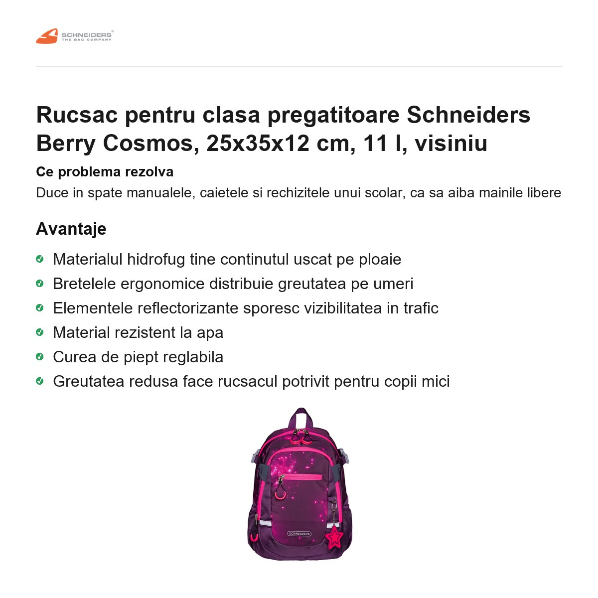 Rucsac pentru clasa pregatitoare Schneiders Berry Cosmos, 25x35x12 cm, 11 l, visiniu [2]