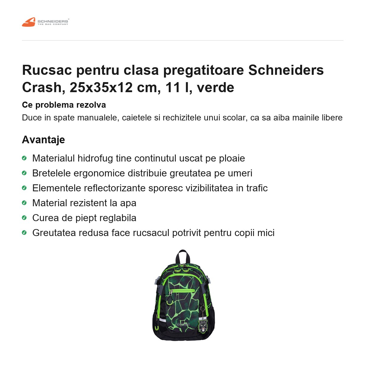 Rucsac pentru clasa pregatitoare Schneiders Crash, 25x35x12 cm, 11 l, verde [2]