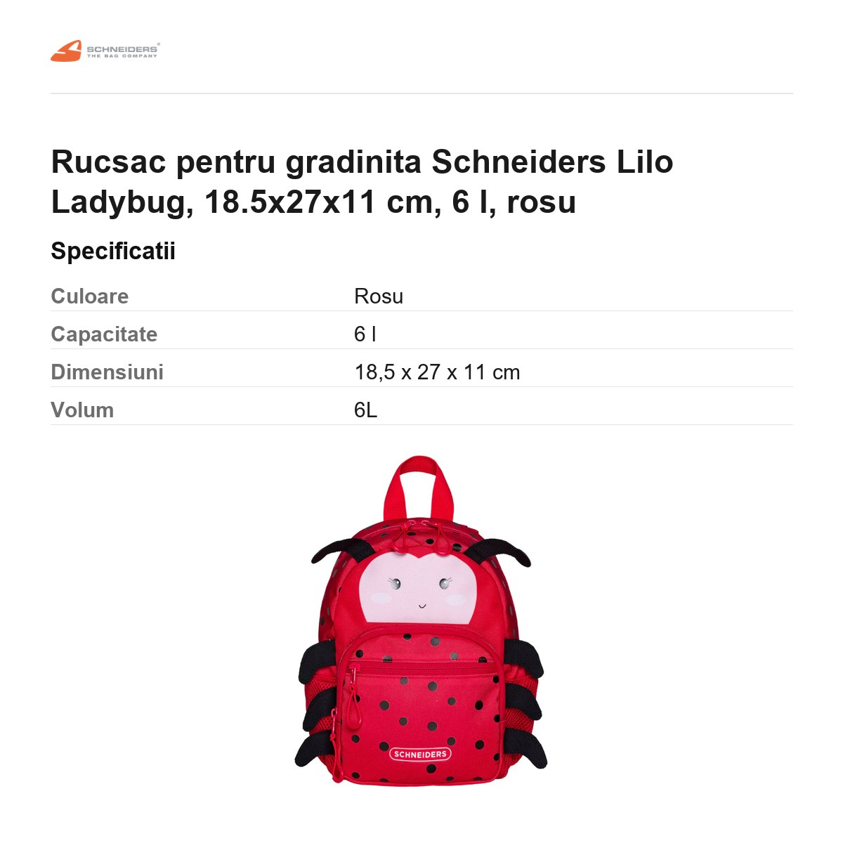 Rucsac pentru gradinita Schneiders Lilo Ladybug, 18.5x27x11 cm, 6 l, rosu [3]