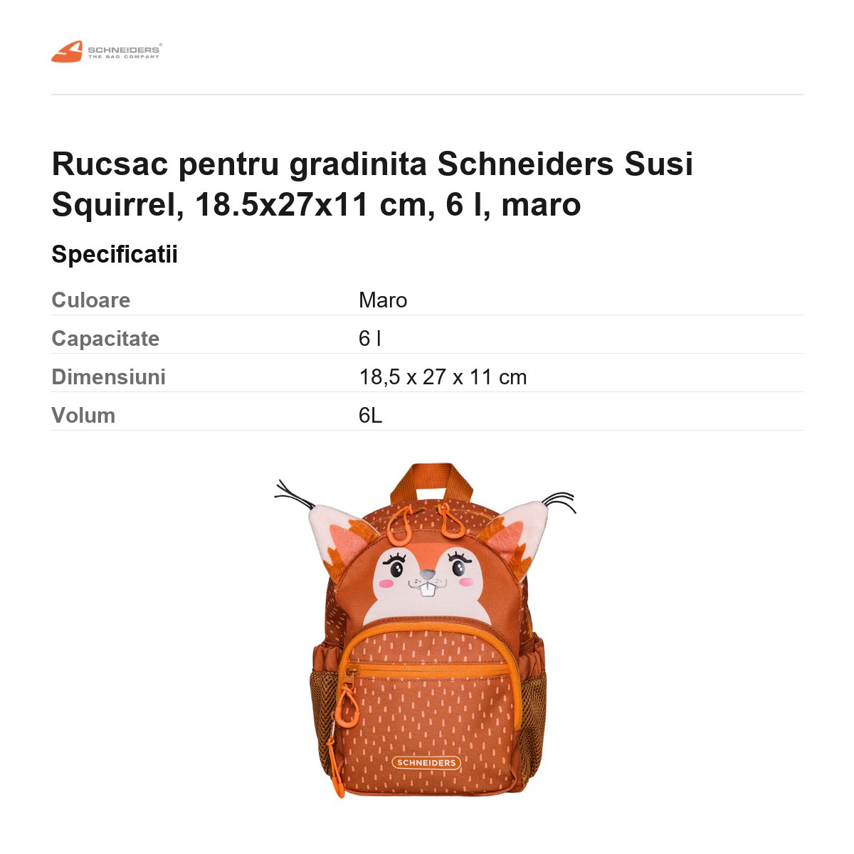 Rucsac pentru gradinita Schneiders Susi Squirrel, 18.5x27x11 cm, 6 l, maro [3]