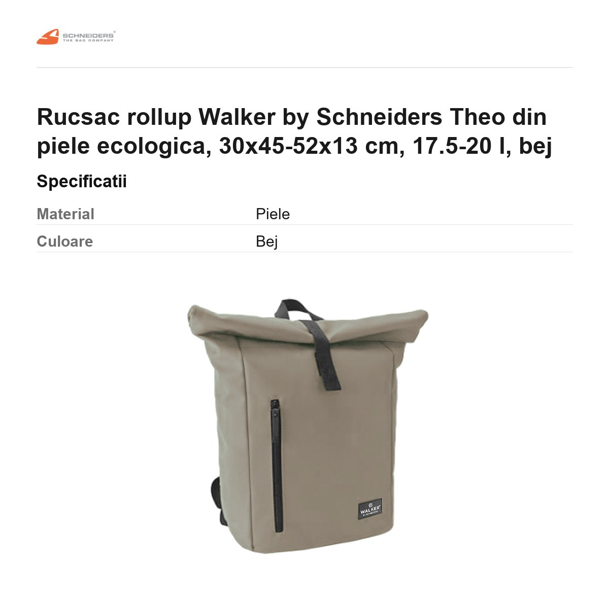 Rucsac rollup Walker by Schneiders Theo din piele ecologica, 30x45-52x13 cm, 17.5-20 l, bej [3]
