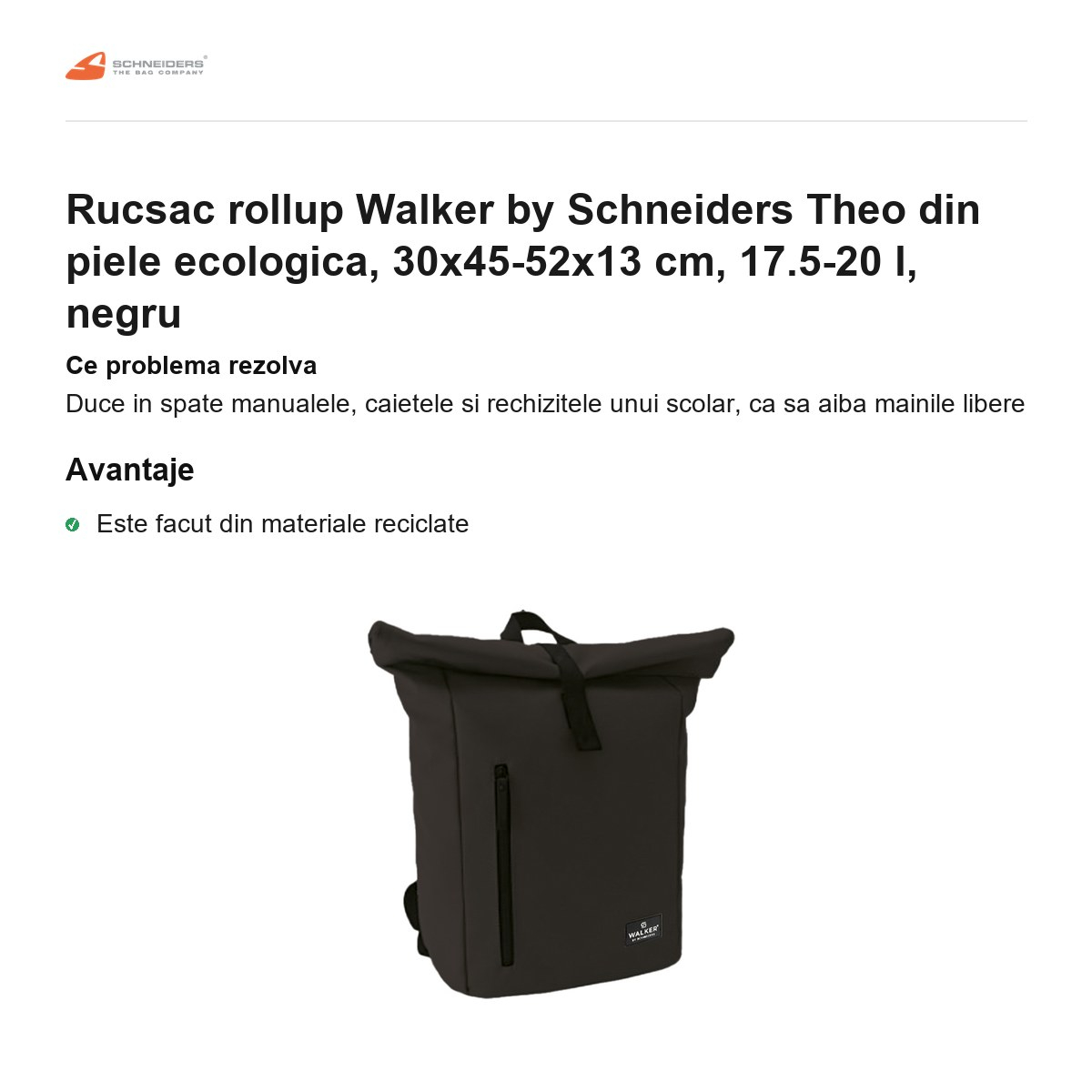 Rucsac rollup Walker by Schneiders Theo din piele ecologica, 30x45-52x13 cm, 17.5-20 l, negru [2]