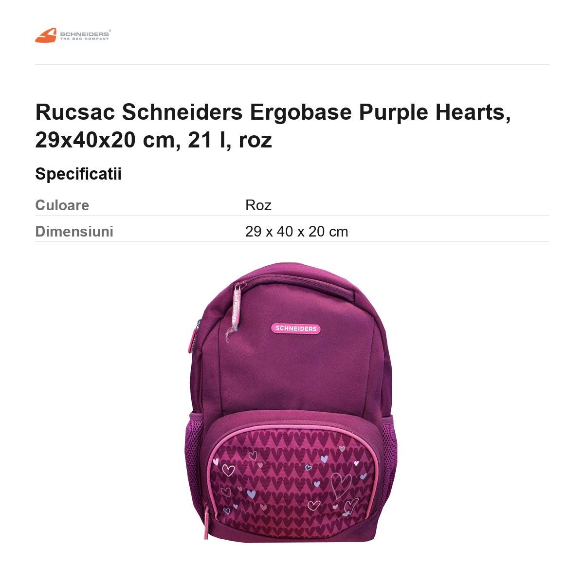 Rucsac Schneiders Ergobase Purple Hearts, 29x40x20 cm, 21 l, roz [3]