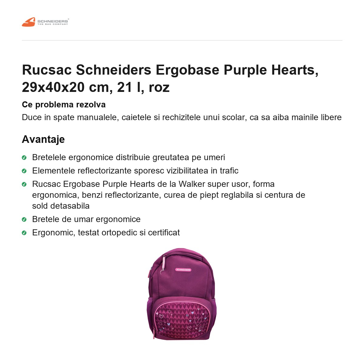 Rucsac Schneiders Ergobase Purple Hearts, 29x40x20 cm, 21 l, roz [2]
