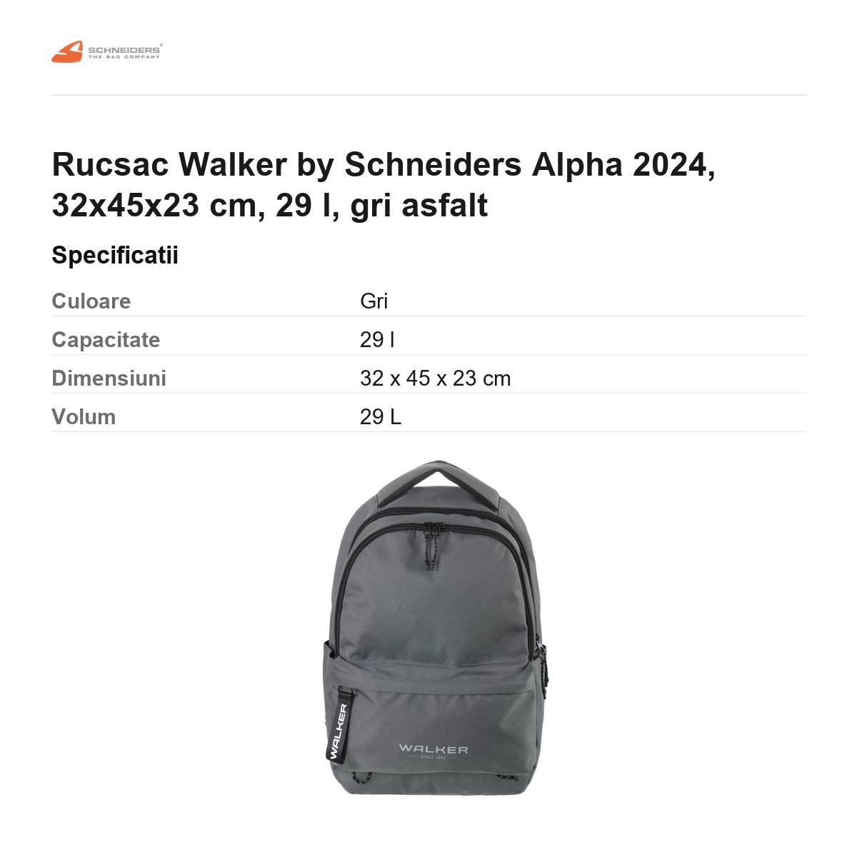 Rucsac Walker by Schneiders Alpha 2024, 32x45x23 cm, 29 l, gri asfalt [3]