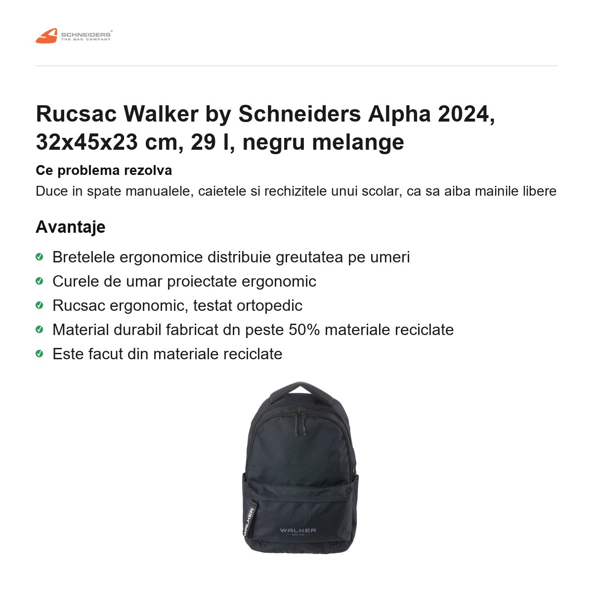Rucsac Walker by Schneiders Alpha 2024, 32x45x23 cm, 29 l, negru melange [2]