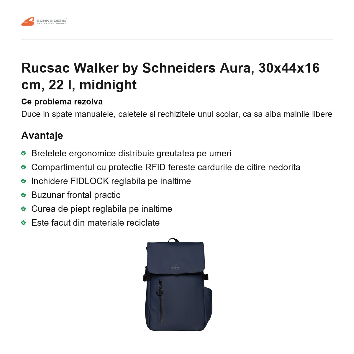 Rucsac Walker by Schneiders Aura, 30x44x16 cm, 22 l, midnight [2]