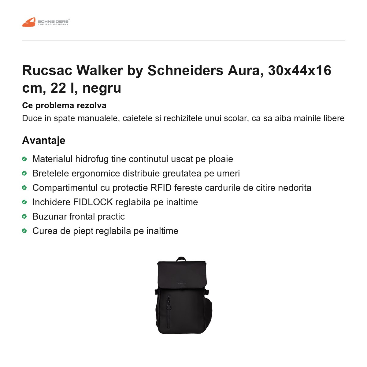 Rucsac Walker by Schneiders Aura, 30x44x16 cm, 22 l, negru [2]