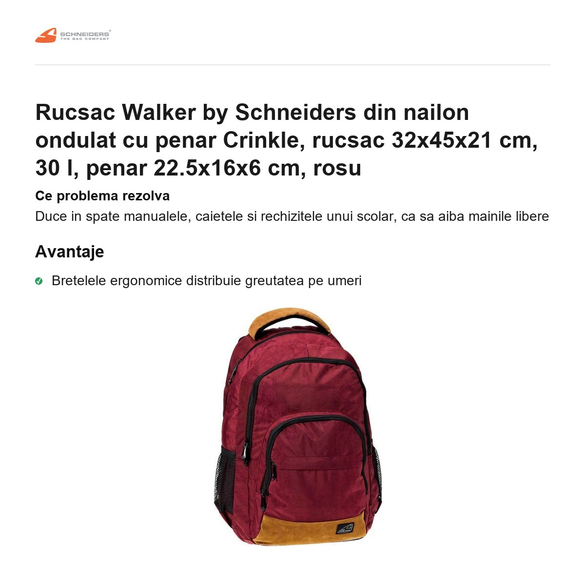 Rucsac Walker by Schneiders din nailon ondulat cu penar Crinkle, rucsac 32x45x21 cm, 30 l, penar 22.5x16x6 cm, rosu [2]