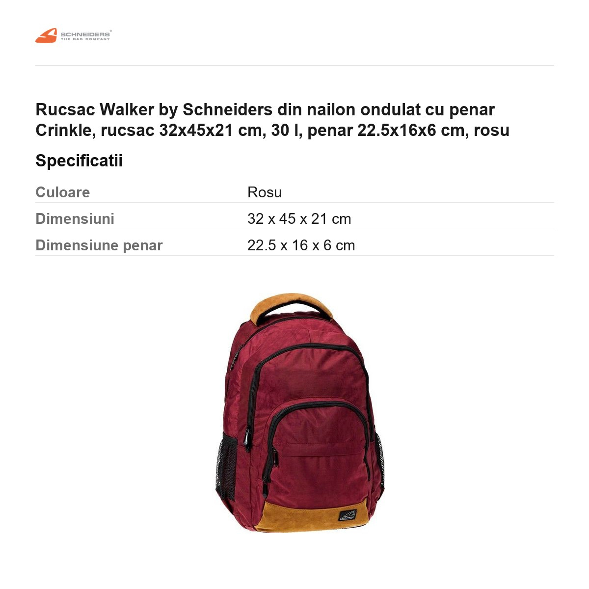Rucsac Walker by Schneiders din nailon ondulat cu penar Crinkle, rucsac 32x45x21 cm, 30 l, penar 22.5x16x6 cm, rosu [3]