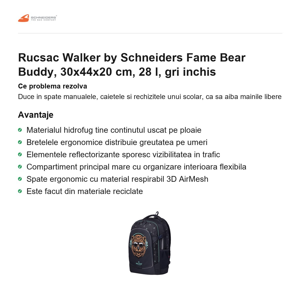 Rucsac Walker by Schneiders Fame Bear Buddy, 30x44x20 cm, 28 l, gri inchis [2]
