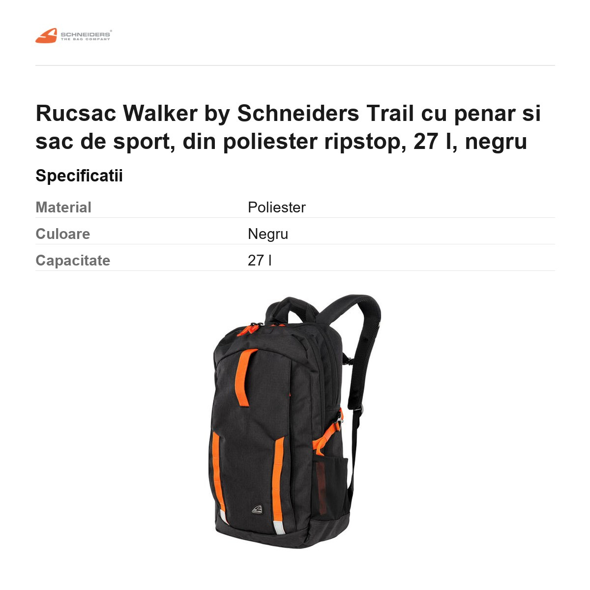 Rucsac Walker by Schneiders Trail cu penar si sac de sport, din poliester ripstop, 27 l, negru [3]