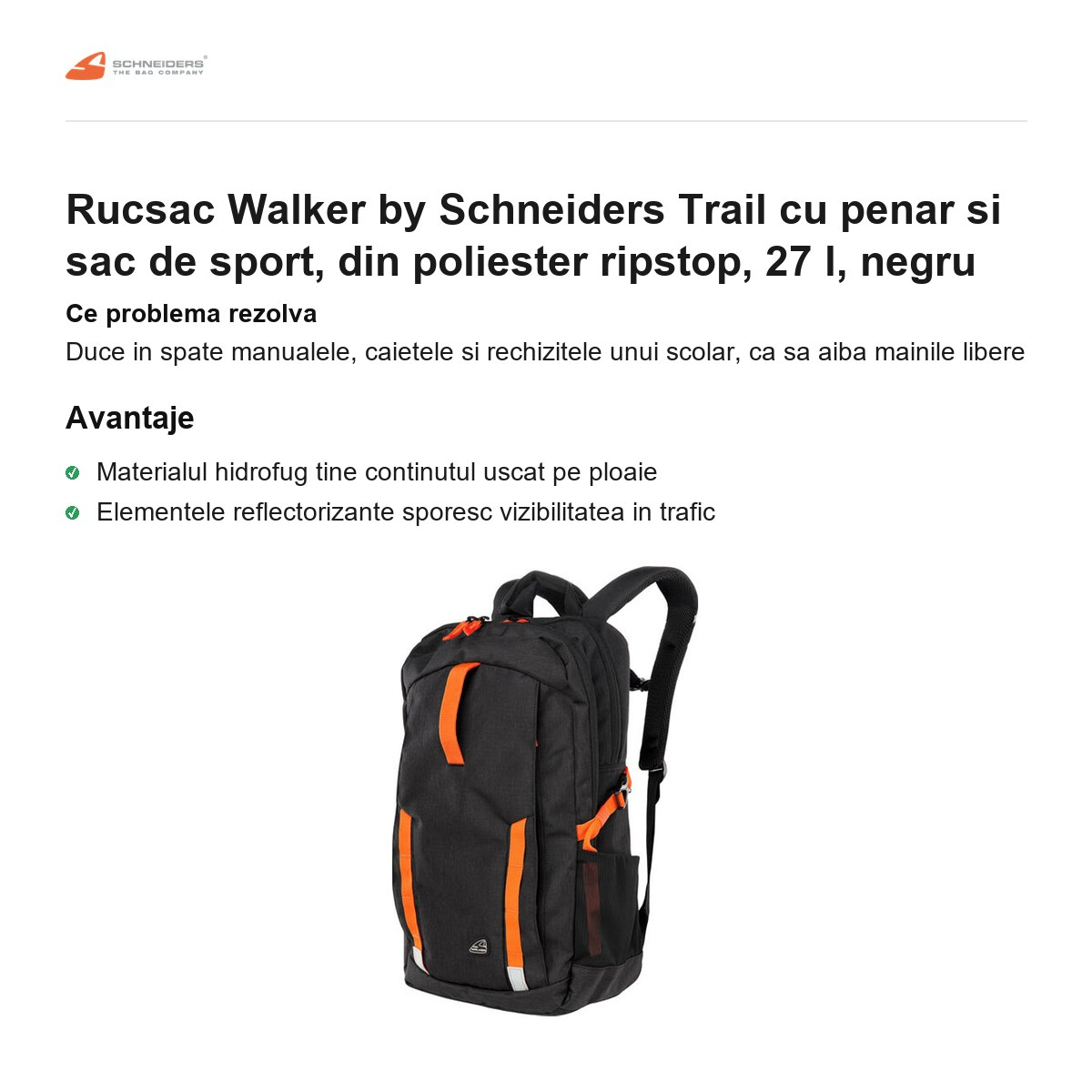 Rucsac Walker by Schneiders Trail cu penar si sac de sport, din poliester ripstop, 27 l, negru [2]
