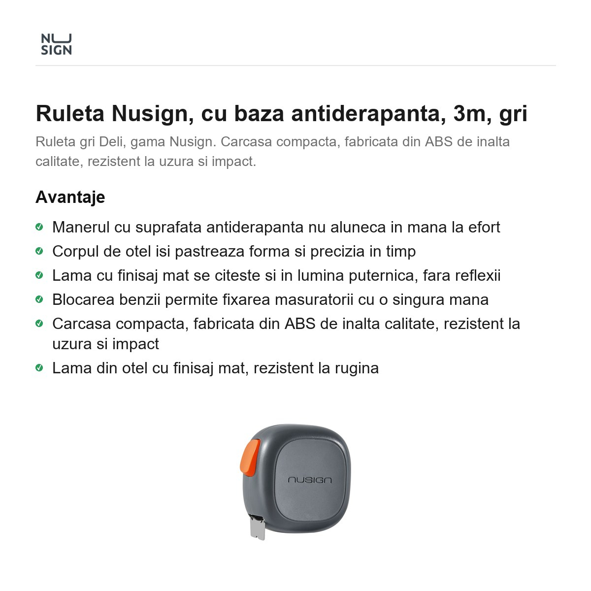 Ruleta Nusign, cu baza antiderapanta, 3m, gri [2]