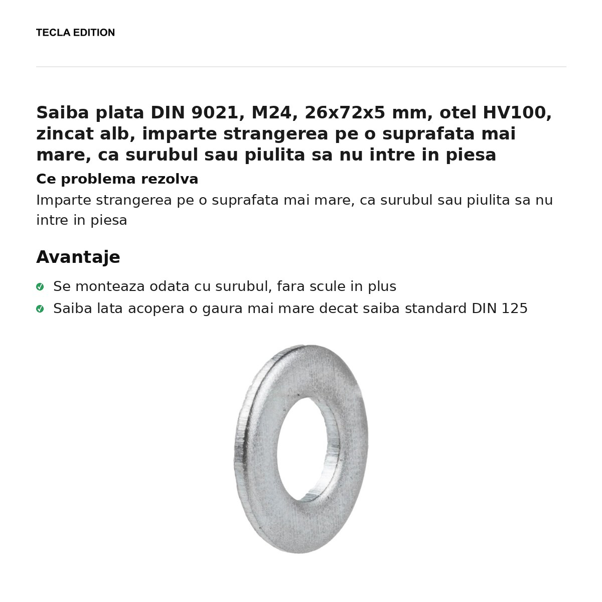 Saiba plata DIN 9021, M24, 26x72x5 mm, otel HV100, zincat alb, imparte strangerea pe o suprafata mai mare, ca surubul sau piulita sa nu intre in piesa [2]
