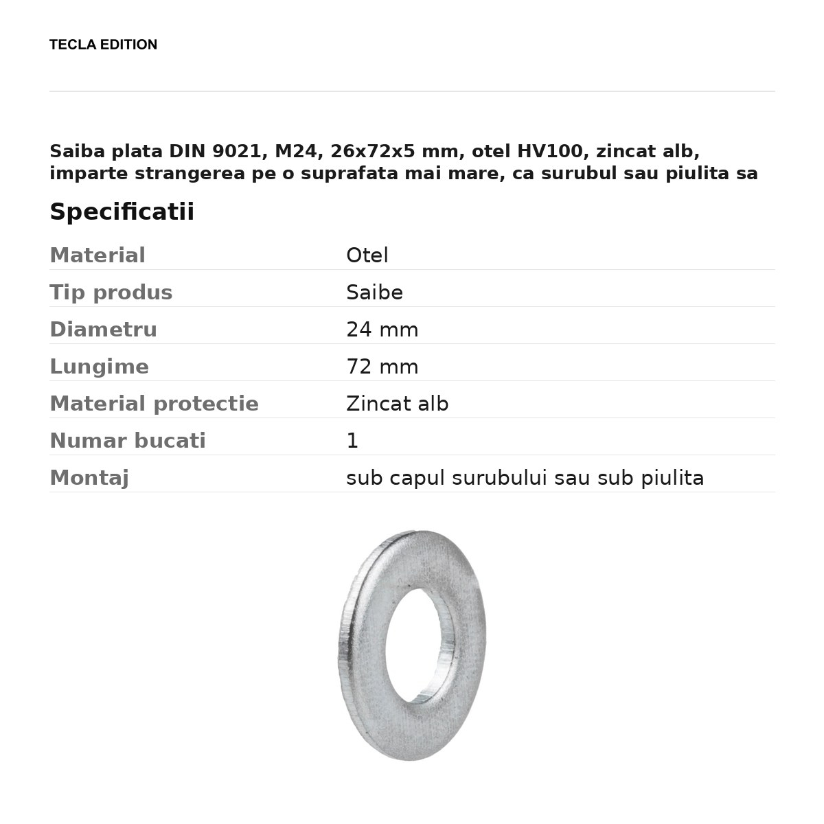Saiba plata DIN 9021, M24, 26x72x5 mm, otel HV100, zincat alb, imparte strangerea pe o suprafata mai mare, ca surubul sau piulita sa nu intre in piesa [3]