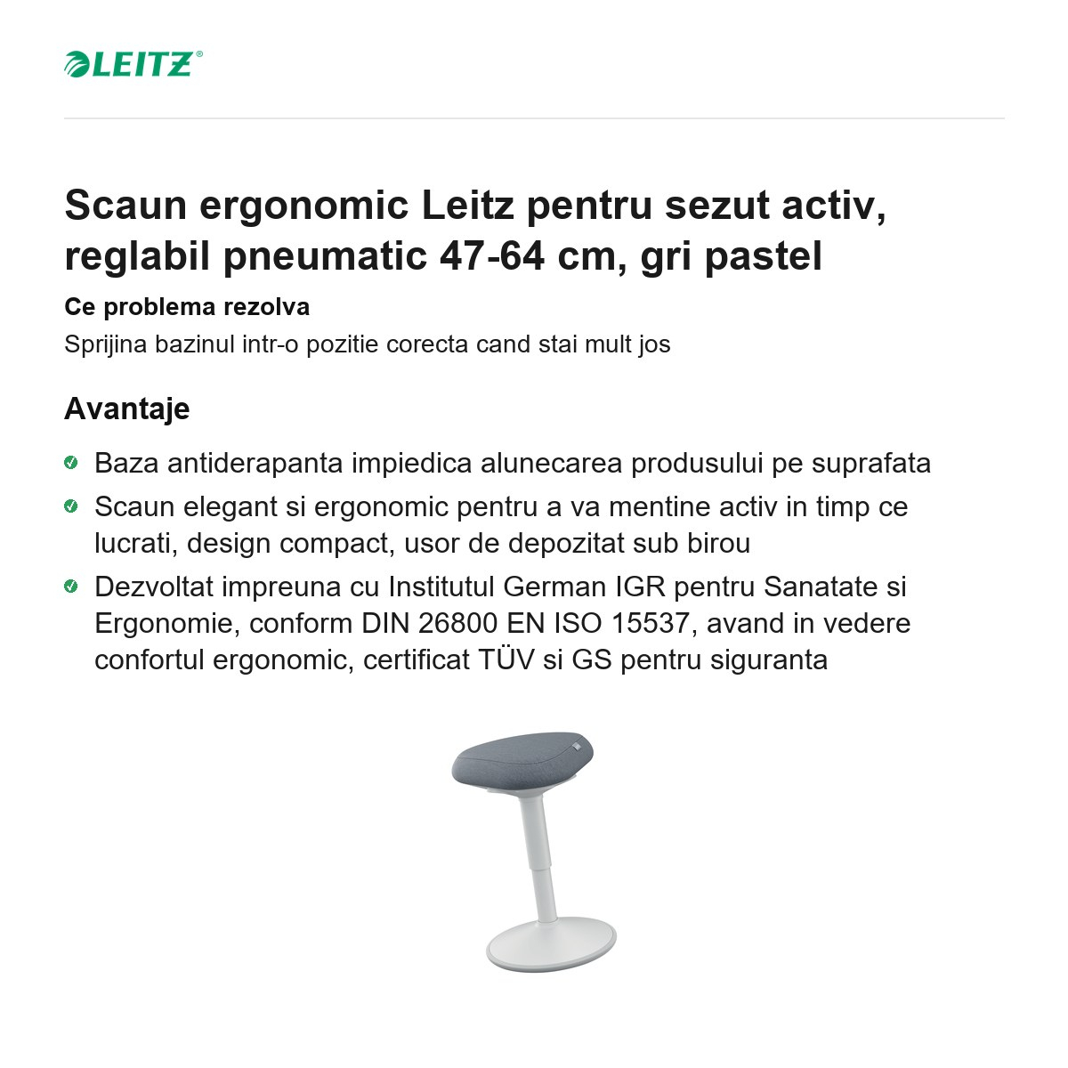 Scaun ergonomic Leitz pentru sezut activ, reglabil pneumatic 47-64 cm, gri pastel [2]