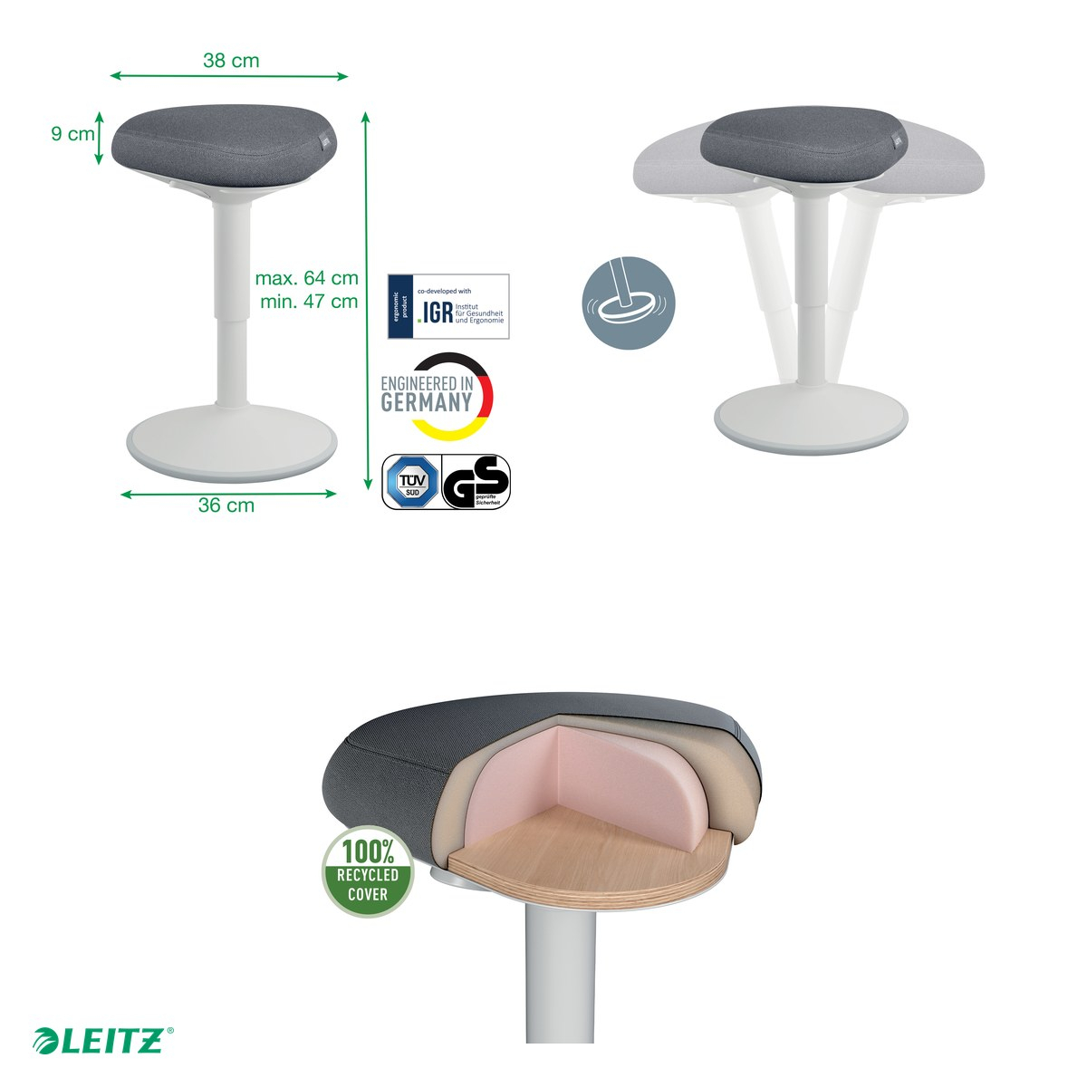 Scaun ergonomic Leitz pentru sezut activ, reglabil pneumatic 47-64 cm, gri pastel [4]