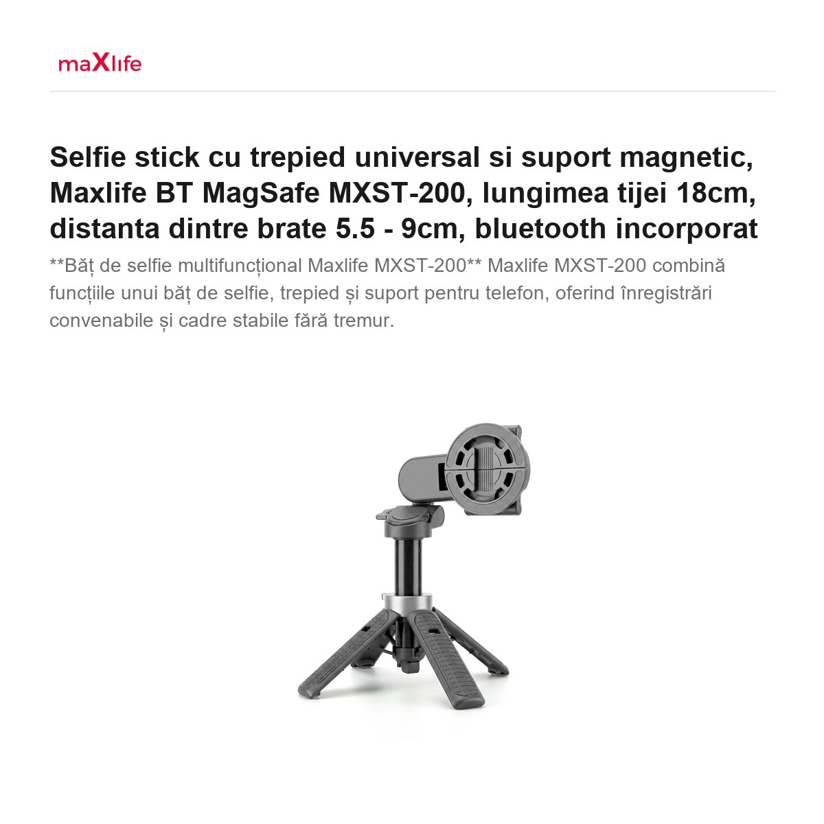 Selfie stick cu trepied universal si suport magnetic, Maxlife BT MagSafe MXST-200, lungimea tijei 18cm, distanta dintre brate 5.5 - 9cm, bluetooth incorporat [2]