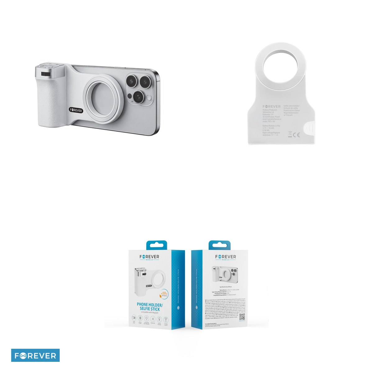 Selfie stick Forever holder PHSS-100, cu telecomanda Bluetooth v.5.2 , montaj magnetic compatibil Magsafe, USB-C, Alb [4]