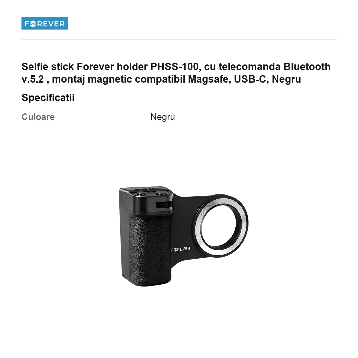 Selfie stick Forever holder PHSS-100, cu telecomanda Bluetooth v.5.2 , montaj magnetic compatibil Magsafe, USB-C, Negru [3]
