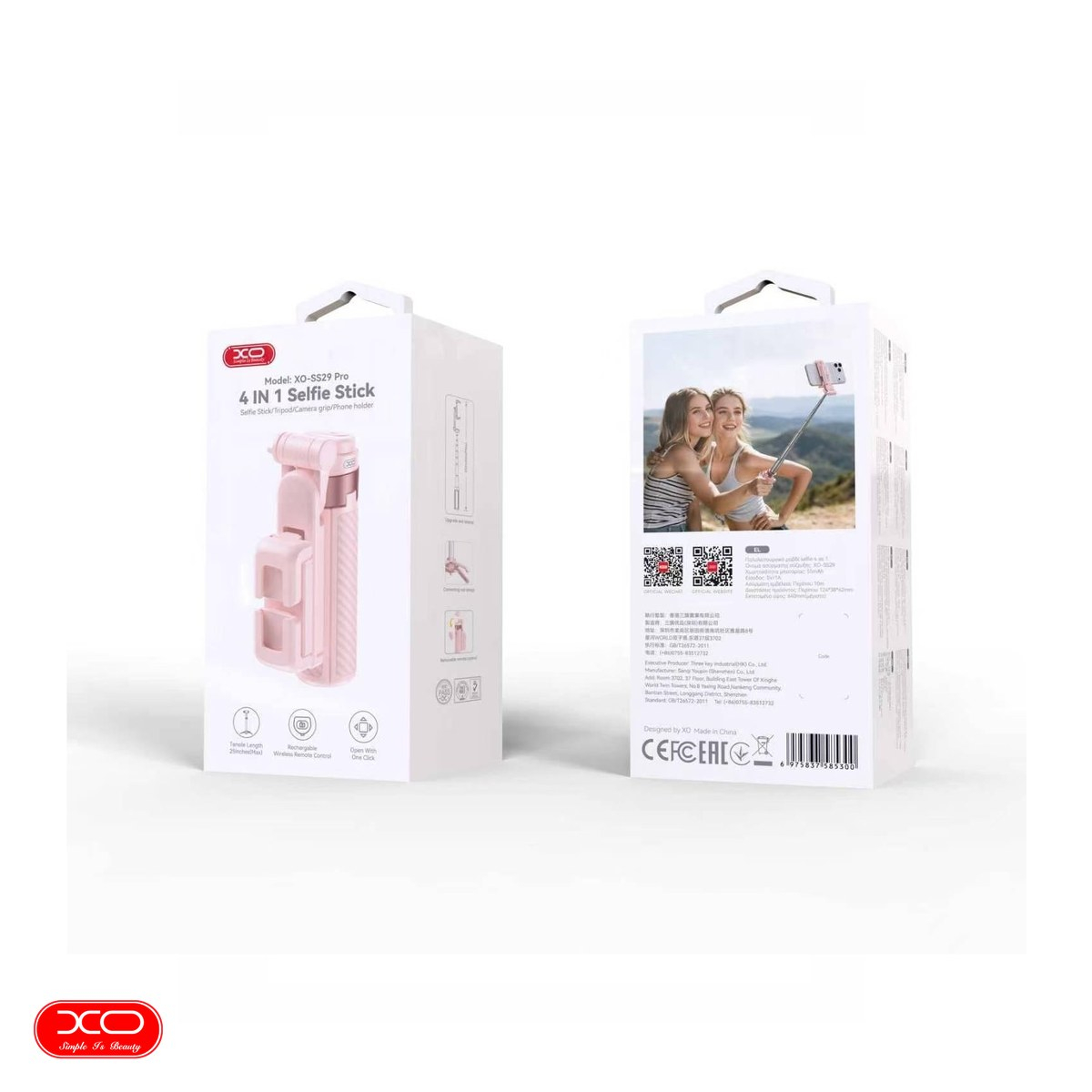 Selfie stick XO Bluetooth tripod SS29, tija 64 cm, rotire 360 ​​°, telecomanda Roz [4]
