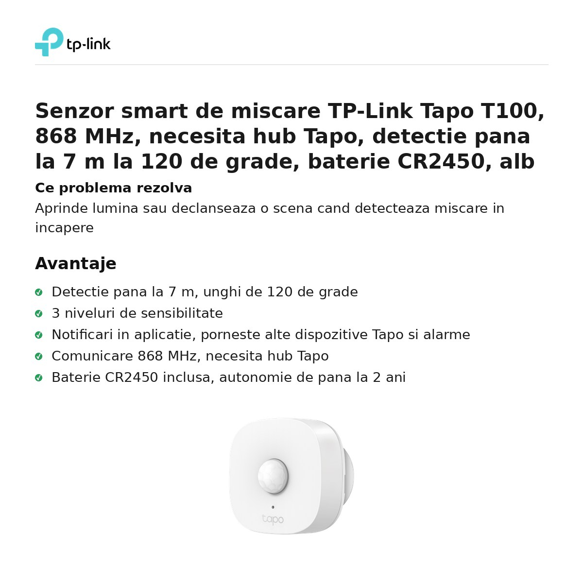 Senzor smart de miscare TP-Link Tapo T100, 868 MHz, necesita hub Tapo, detectie pana la 7 m la 120 de grade, baterie CR2450, alb [2]