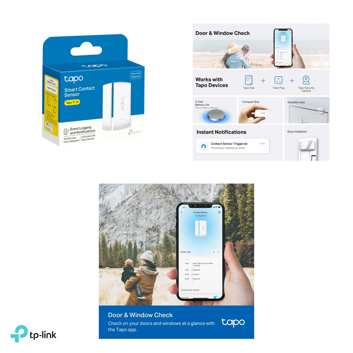 Senzor smart pentru usa si fereastra TP-Link Tapo T110, 868 MHz, necesita hub Tapo, baterie CR2032, montare cu adeziv 3M, alb [4]