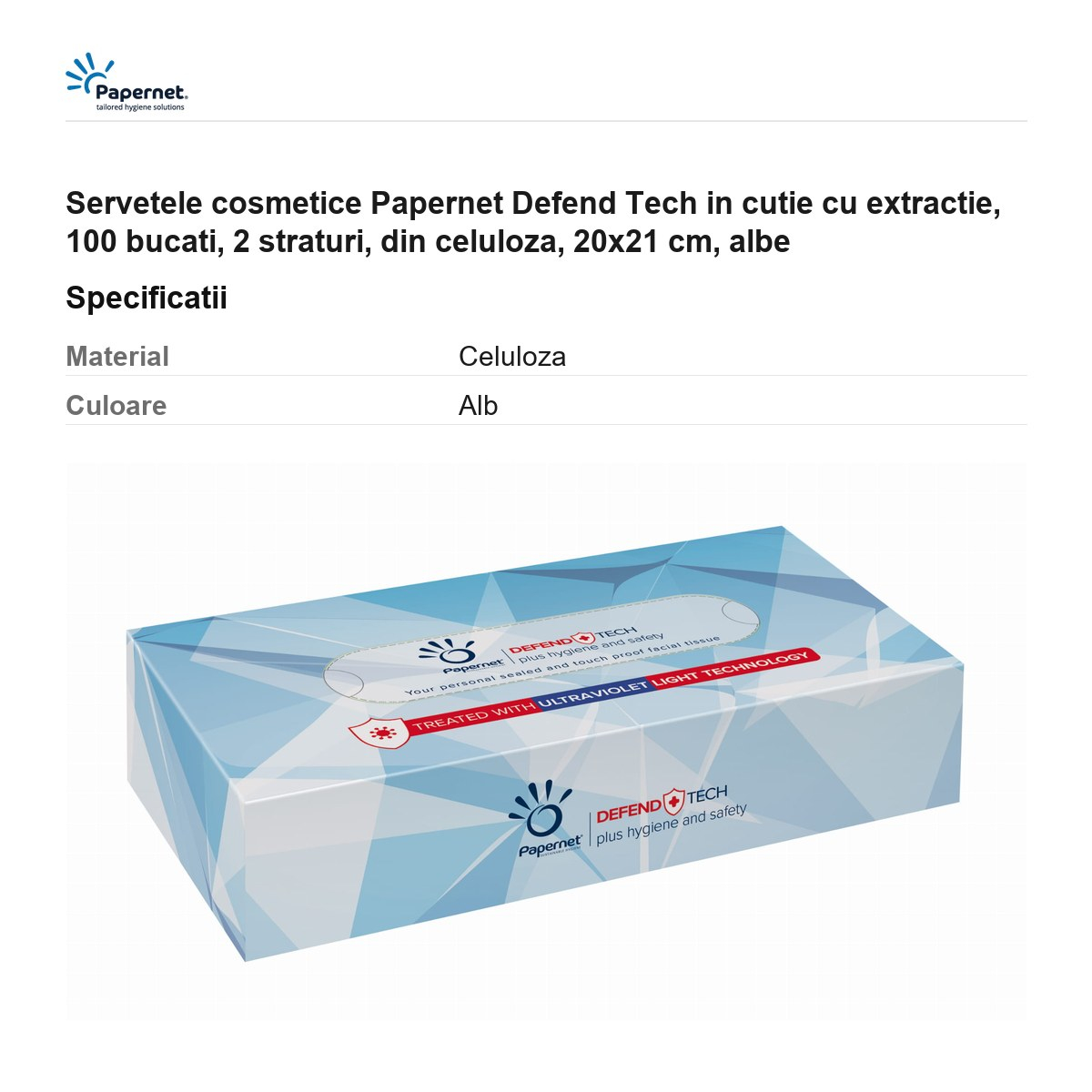 Servetele cosmetice Papernet Defend Tech in cutie cu extractie, 100 bucati, 2 straturi, din celuloza, 20x21 cm, albe [3]