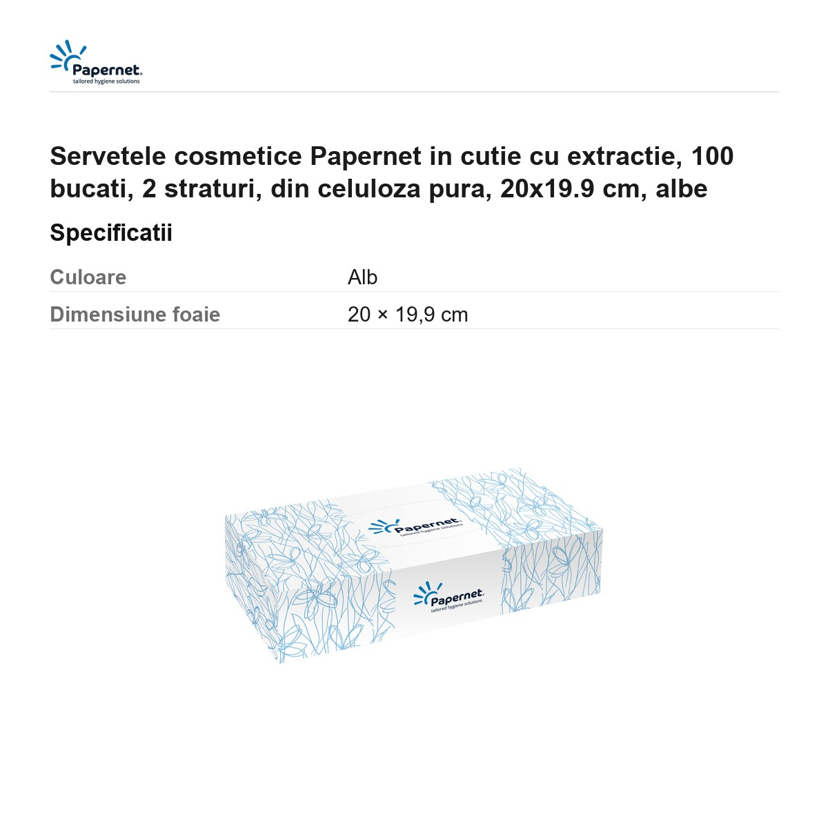 Servetele cosmetice Papernet in cutie cu extractie, 100 bucati, 2 straturi, din celuloza pura, 20x19.9 cm, albe [3]