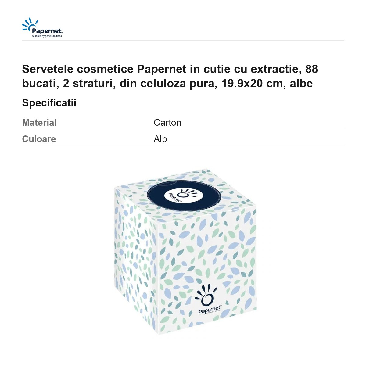 Servetele cosmetice Papernet in cutie cu extractie, 88 bucati, 2 straturi, din celuloza pura, 19.9x20 cm, albe [3]